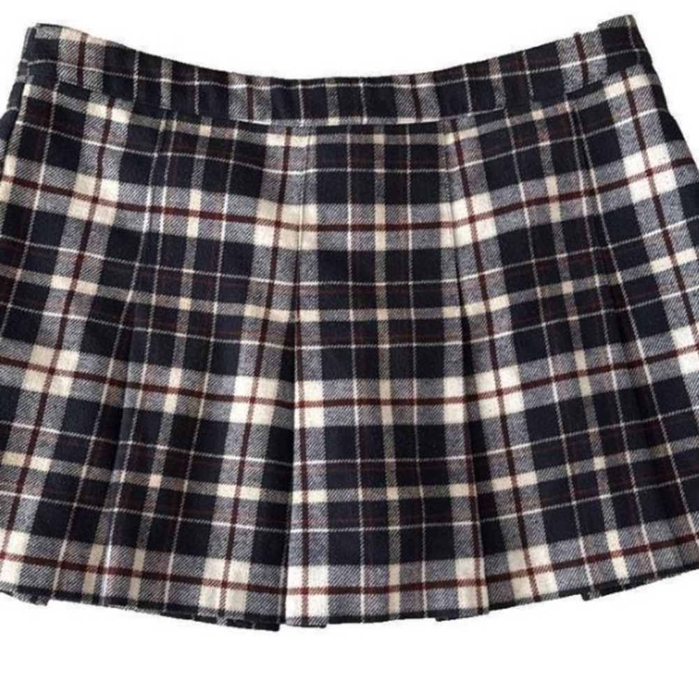H&M Plaid Mini Skirt Features Navy Blue, White and Maroon pleated design.